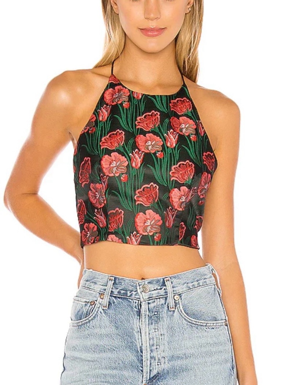 superdown Floral Halter Crop Top - Black & Red